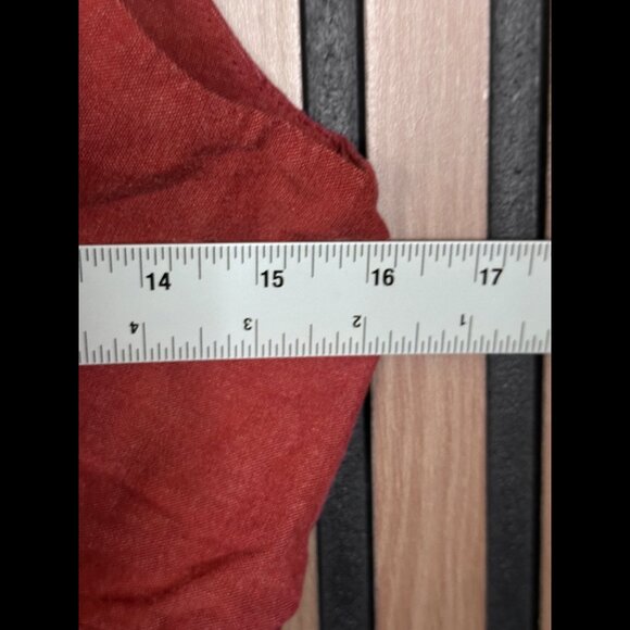 Flawless Mini Dress Large Womens Red Flax Linen Shoulder Tie Beaded Trim Smocked - Picture 3 of 6